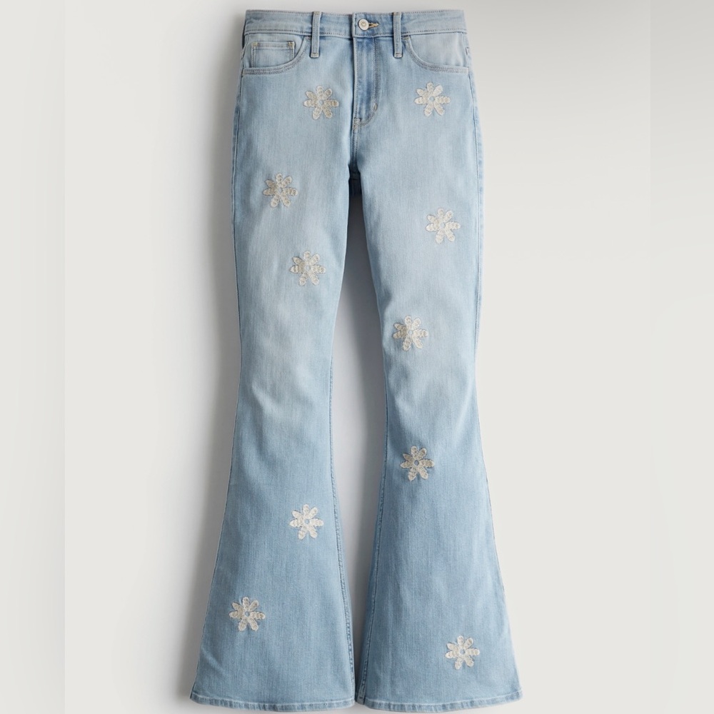NWT Hollister Light Blue Flared Jeans with Floral Embroidery